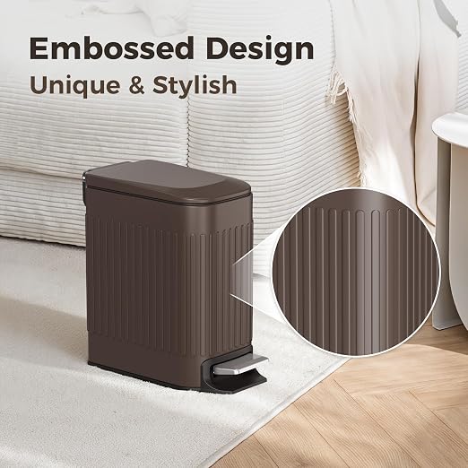 TrashAid Slim Bathroom Trash Can with Lid Soft Close, 6 Liter/1.6 Gallon Stainless Steel Small Garbage Can with Removable Inner Bucket, Step Pedal, Slim Wastebasket for Toilet, Office, Bedroom, Brown