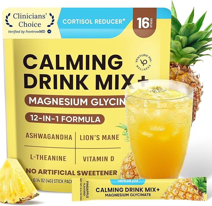 Venture Pal Calm Drink Mix, Cortisol Reducer and Sleep Aid with Magnesium Glycinate, Ashwagandha, L-Theanine,Vitamin D, Calm Magnesium Powder for Relax & Focus, No Sugar, Non GMO, Vegan & Gluten-Free