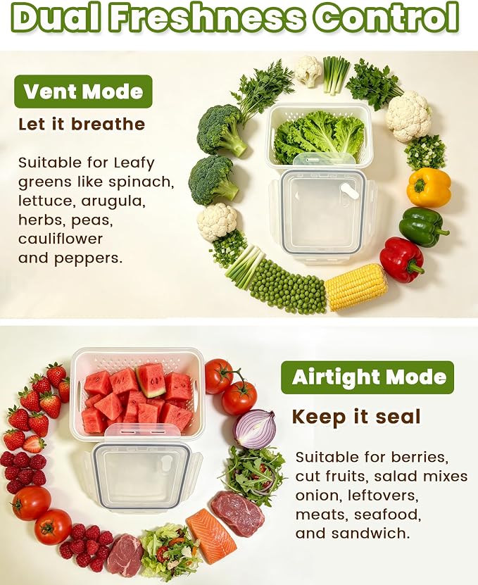 TBMax 8 Pieces Airtight Fruit Storage Containers for Fridge with Air Circulation Vent, 4 Pack Produce Saver with Colander for Berry Lettuce Salad Vegetable Storage, Refrigerator Organizers