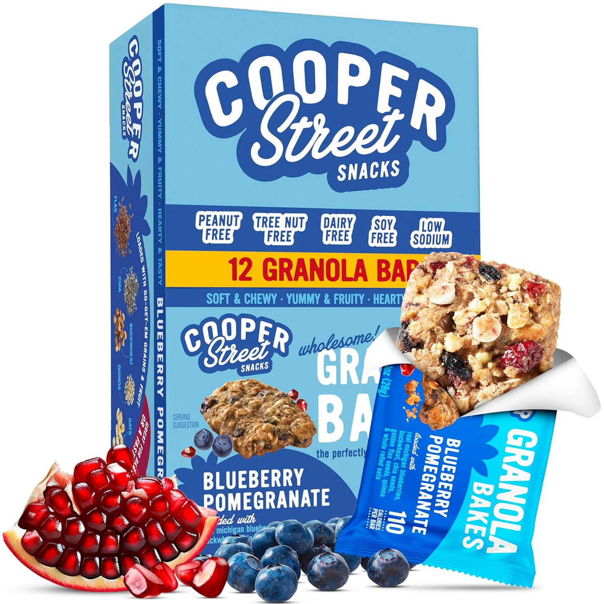 Cooper Street Granola Bakes - Soft Baked Oats, Grain & Seeds Breakfast Granola Cookie Bars - Nut & Dairy Free, Low Sodium, Healthy Lunchbox Snacks for Kids & Adults - Blueberry Pomegranate - 12 Pack