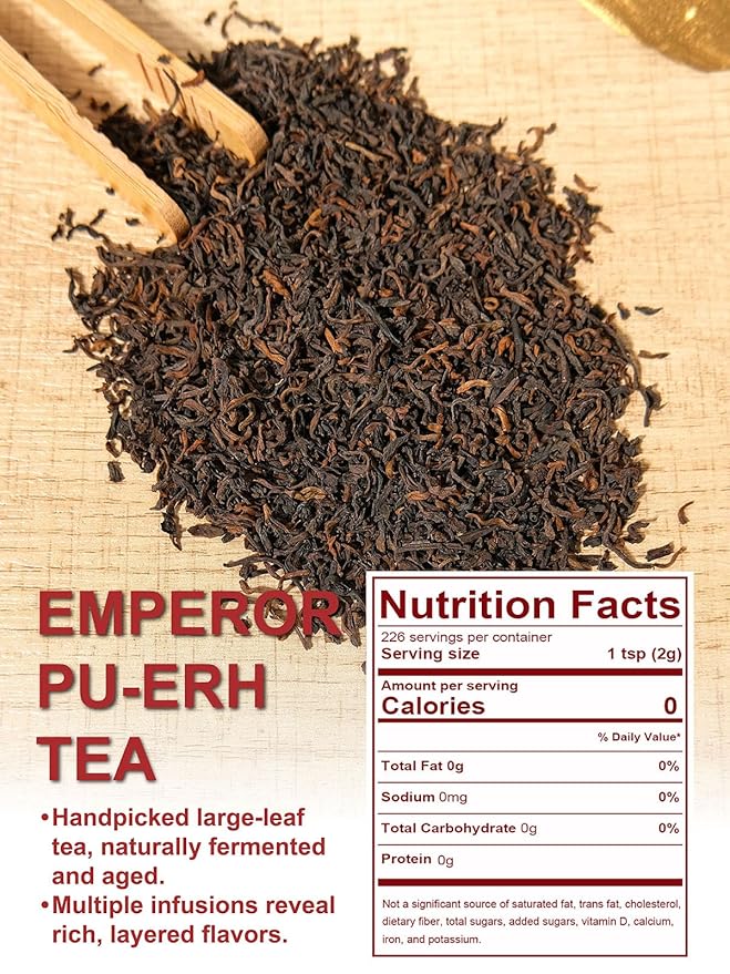 TeeLux Emperor Pu-erh Tea Loose Leaf, Fermented Yunnan Dark Tea, Smooth & Mellow Flavor, 16oz