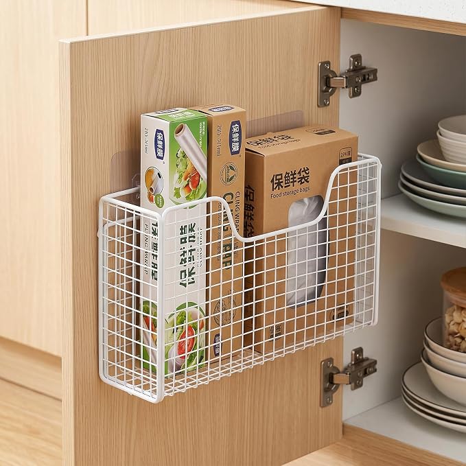 2 Pack Aluminum Foil Organizer, Foil and Plastic Wrap Organizer, Pantry Kitchen Cabinet Door Organizers, Self Adhesive Wall Mounted Storage Hanging Basket for Ziplock Bag, No-Drill, Mesh Metal, White