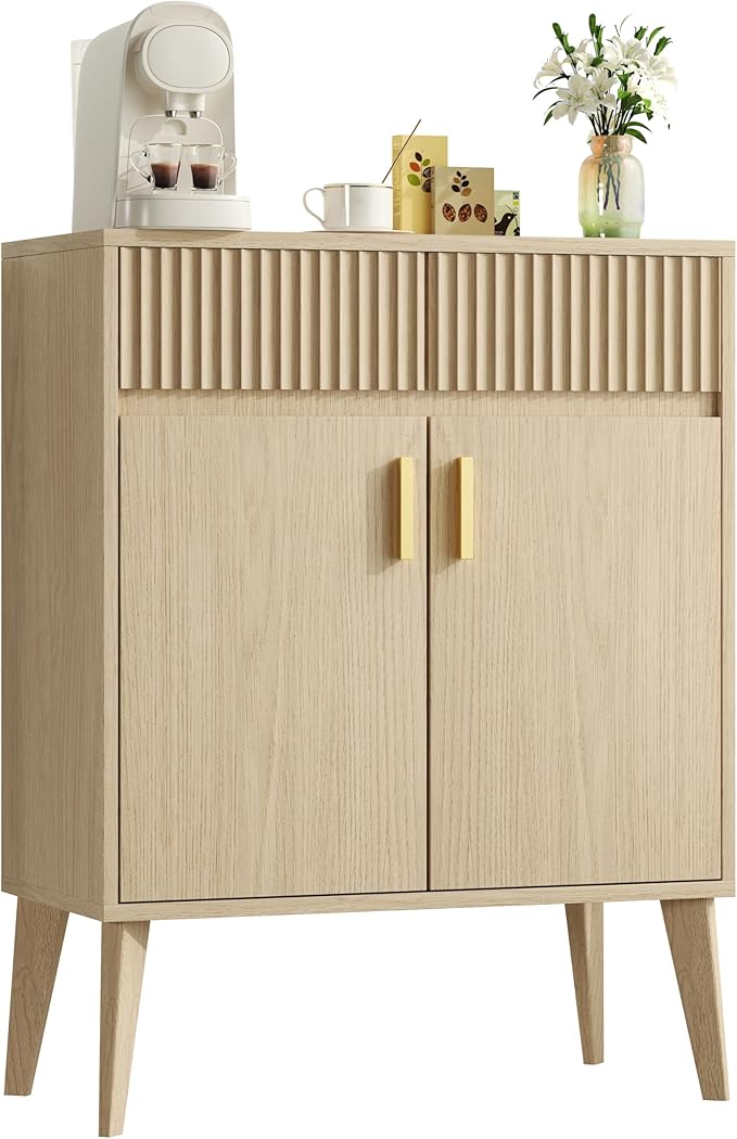Sideboard Storage Cabinet with 2 Drawers & 2 Doors, Fluted Kitchen Buffet Cabinet with Adjustable Shelves, Coffee Bar Station for Living Room, Entryway, 13.8 x 27.6 x 35.6 in., Natural Wood