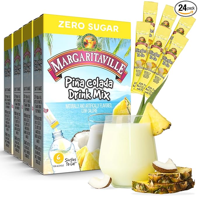 Margaritaville Singles To Go Water Drink Mix - Pina Colada Flavored, Non-Alcoholic Powder Sticks 6 CT, 0.70 Ounce (Pack of 4)