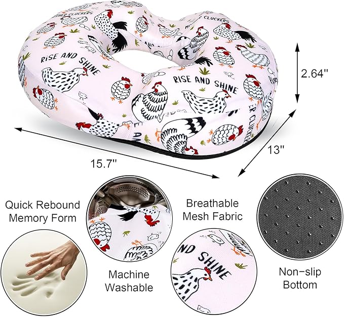 Donut Pillow for Hemorrhoids Seat Cushion for Tailbone Pain Relief - Chicken Rooster Home Office Chair Cushion for Long Sitting Work - Memory Foam Car Seat Cushions for Driving Butt Pain Pressure