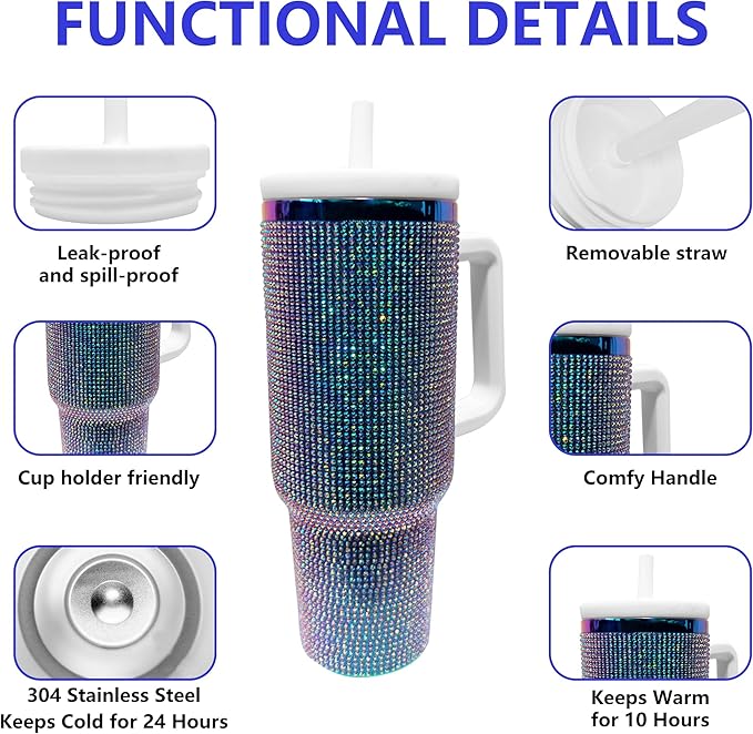 40-OZ Insulated Water Bottle,Insulated Stainless Steel Tumbler,Reusable Cold Drink Thermos,BPA-Free, Double-Wall Stainless Steel Water Bottle (Colorful-Diamond, 40, Fluid Ounces)