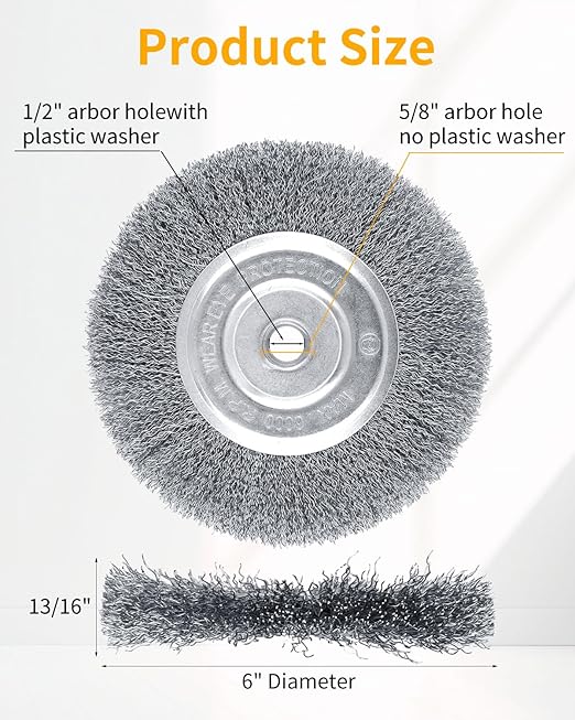 2Pcs 6 Inch Wire Wheel for Bench Grinder - ZORUNNA Wire Brush for Grinder, Fits 1/2" and 5/8" Arbor(0.0085Inch Wire Size), Efficiently Polish Rust from Assorted Car Parts.