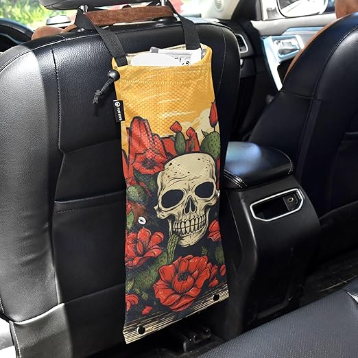 ALAZA Hanging Car Trash Bags Garbage Bag Trash Can for Back Seat Small Skull Cactus Washable Storage Bag Retractable 2 Pack