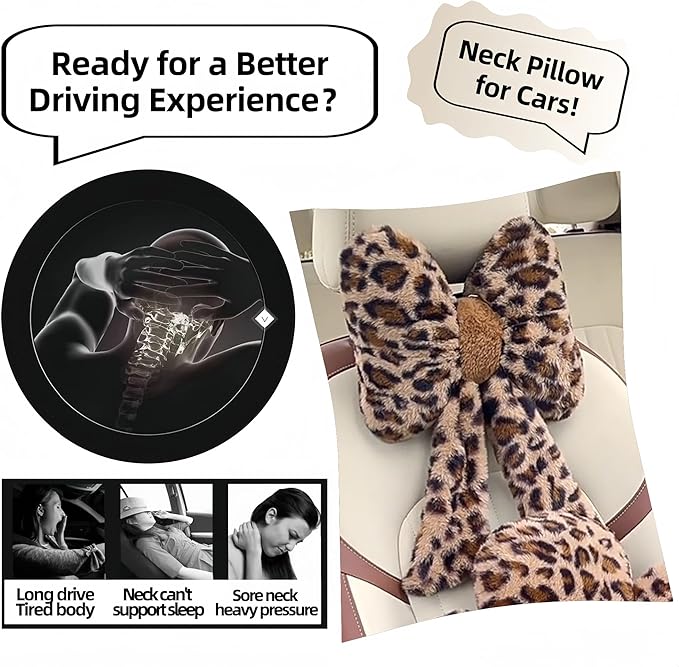 Car Steering Wheel Cover with Leopard Print & Cute Bowknot Soft Anti-Slip Y2K Retro Luxury Fluffy Fur Car Interior Accessory (Leopard Set 5)