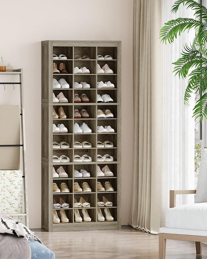 Hzuaneri Shoe Storage Cabinet, 36 Pairs Free Standing Closet Organizer, 8.8 inch Widened Cell Wood Shoe Organizer, 12 Tiers Vertical Space Saving Shoe Rack for Entryway, Cloakroom, Greige SR20705B