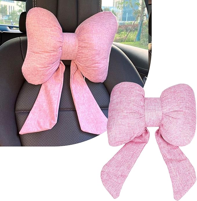 wuyaoyao Bow Car Headrest Pillow, Cute Bow Shape Car Neck Pillow, Soft Comfortable Automotive Seat Headrest Pillows for Driver, Universal Vehicle Neck Support Cushion for Sleeping Travel(Pink)