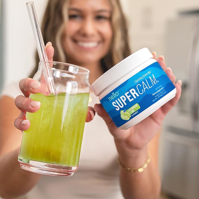 Nello Supercalm Powdered Drink Mix Tub, Cortisol Reducer* and Sleep Aid Supplement, L Theanine, Ksm-66 Ashwagandha, Magnesium Glycinate, Vitamin D 3, No Sugar, Non GMO, 30 Ct, Cucumber Lime