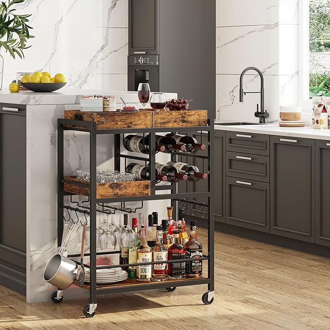 TUTOTAK Bar Cart, Home Bar Serving Cart, 3-Tier Kitchen Cart on Wheels, Rolling Beverage Cart with Wine Rack and Glass Holder, Brown BC01BB037