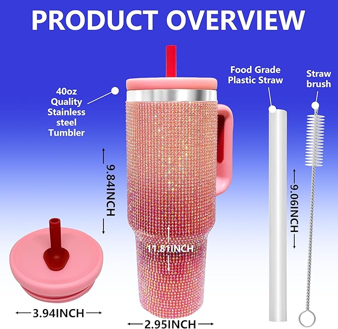 40-OZ Insulated Water Bottle,Insulated Stainless Steel Tumbler,Reusable Cold Drink Thermos,BPA-Free, Double-Wall Stainless Steel Water Bottle (Pink Gradient - Diamond, 40, Fluid Ounces)