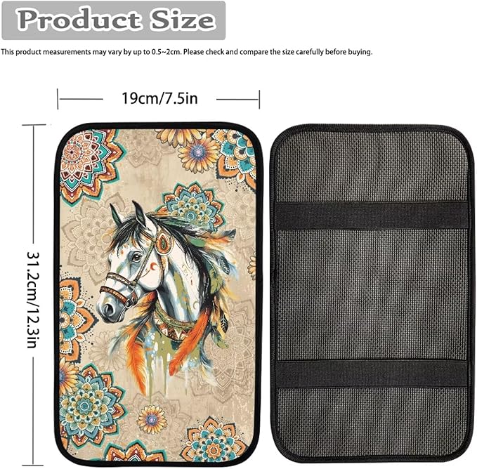 Horse Print Armrest Cover Pad for Car Boho Mandala Flower Print Car Center Console Cushion Pad Universal Auto Decor for Truck Sedan SUV