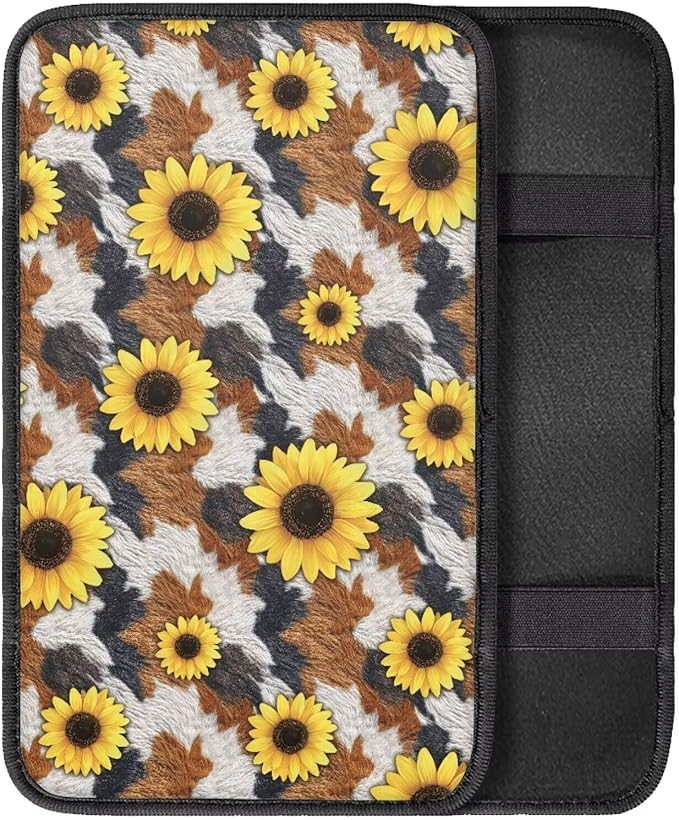 Sunflower Cow Print Center Console Cover Car Center Console Cover Fashion Auto Interior Protect from Pet Claws Car Console Covers Fit for Most Cars, Vehicles, SUVs