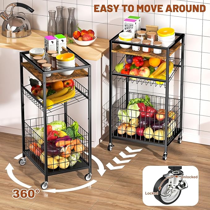 Fruit Vegetable Cart, 3-Tier Snack Kitchen Cart on Wheels & Wood Top, Utility Shelf Rack Organizer for Fruit, Vegetables, Potato, Snack, Brown