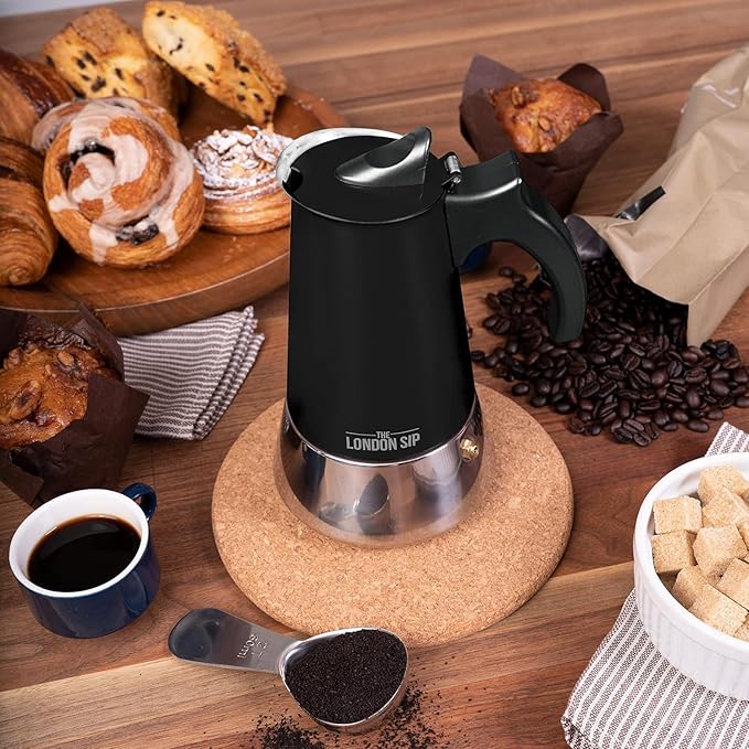 London Sip Stainless Steel Stovetop Espresso Maker Moka Pot Italian Coffee Percolator, Matte Black, 3 Cup