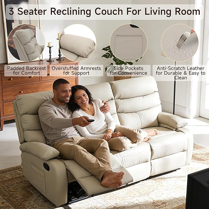 3 Seater Recliner Sofa Set, Anti-Scratch Reclining Loveseat Sofa & Couch for Living Room, RV, Home Theater Apartment(Beige, 3 Seater Sofa)