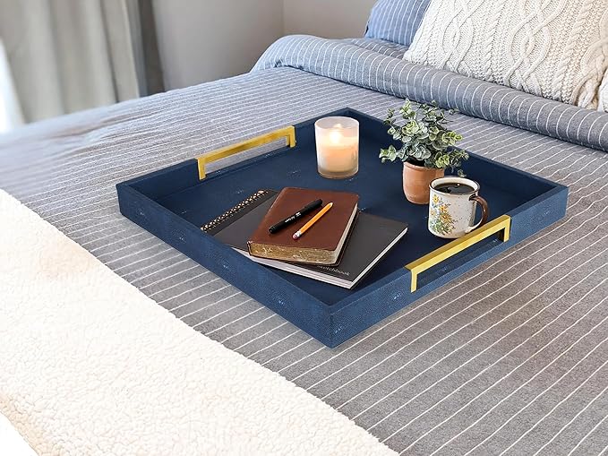 HofferRuffer Faux Leather Serving Tray with Gold Metal Handles, Stylish Decorative Tray Organizer for Coffee Table, Ottoman, Home Decor and Serving (Blue Shagreen, 18.9" x 18.9" x 2")