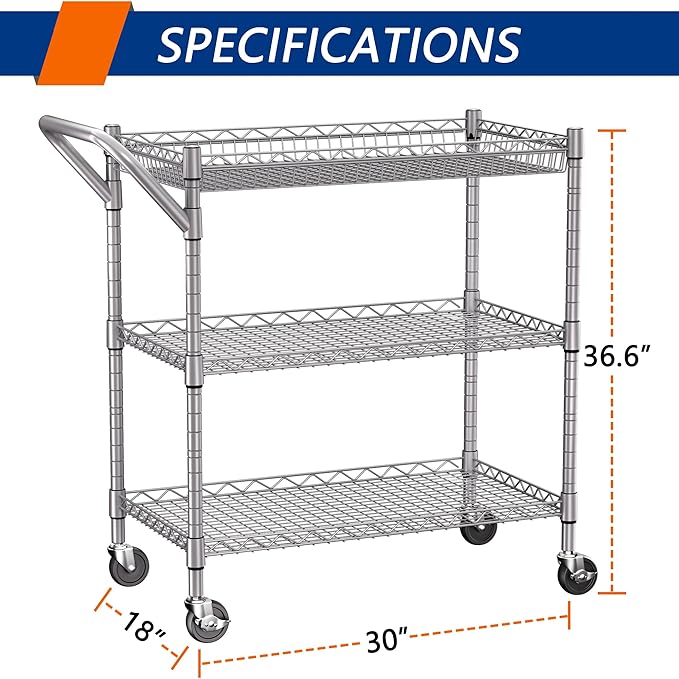 3 Tier Heavy Duty Rolling Utility Cart,18" D x 30" W x 36.6" H Rolling Carts with Wheels,Commercial Grade Metal with Handle Bar & Shelf Liner,Trolley Serving Storage Cart for Kitchen Silver