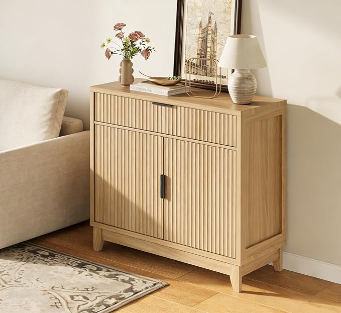 Vabches Fluted Sideboard Buffet Cabinet with Storage, 32" Wide Coffee Bar Console Table with Drawer, Fluted Doors & Adjustable Shelf, Wood Buffet Table for Living Room, Kitchen Dining Room, Oak