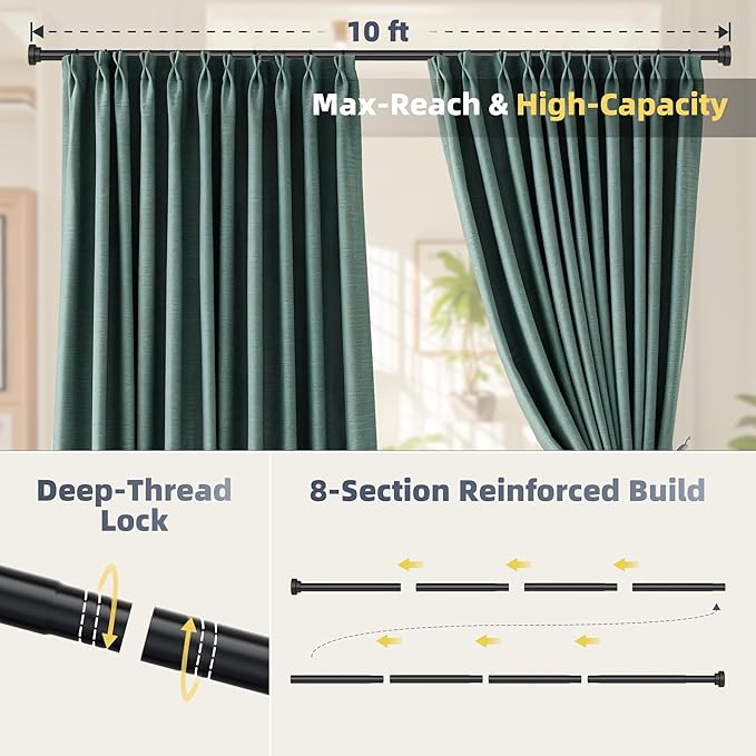 STARLATTA Long Tension Shower Curtain Rod 31-120 Inch (10ft): 1.1" Dia Rustproof Stainless Steel, No Drilling Heavy Duty, Adjustable Room Divider for Bathroom Window, Matte Black