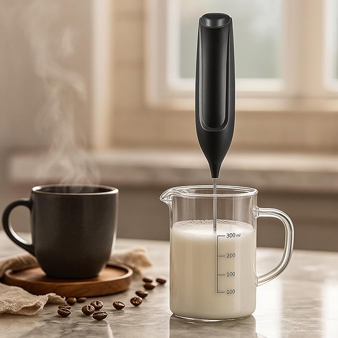 Oggi Handheld Milk Frother, Electric Frother Wand with Stainless Steel Whisk, Mini Whisk for Coffee, Matcha, Latte, Protein, Eggs & More, Battery Operated Compact Frother for Kitchen or Travel, Black