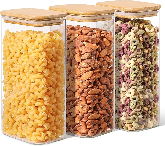 ComSaf 1.8Qt Rectangular Glass Food Storage Containers with Lids, 3-Piece Airtight Cereal Containers Storage, Glass Jars with Bamboo Lids, Space Saving Pantry Organizers for Flour, Pasta, Nut & Coffee
