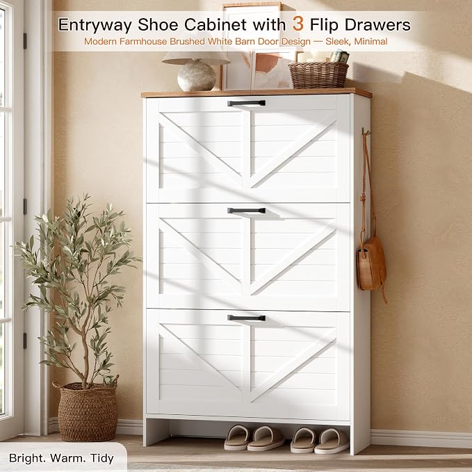 Shoe Storage Cabinet for Entryway, Nicetree Freestanding Shaker Barn Door Ultra Slim Shoe Cabinet With 3 Flip Drawers, Farmhouse Shoe Rack With 3-Tier Adjustable Shelves For Hallway Foyer Rustic-White