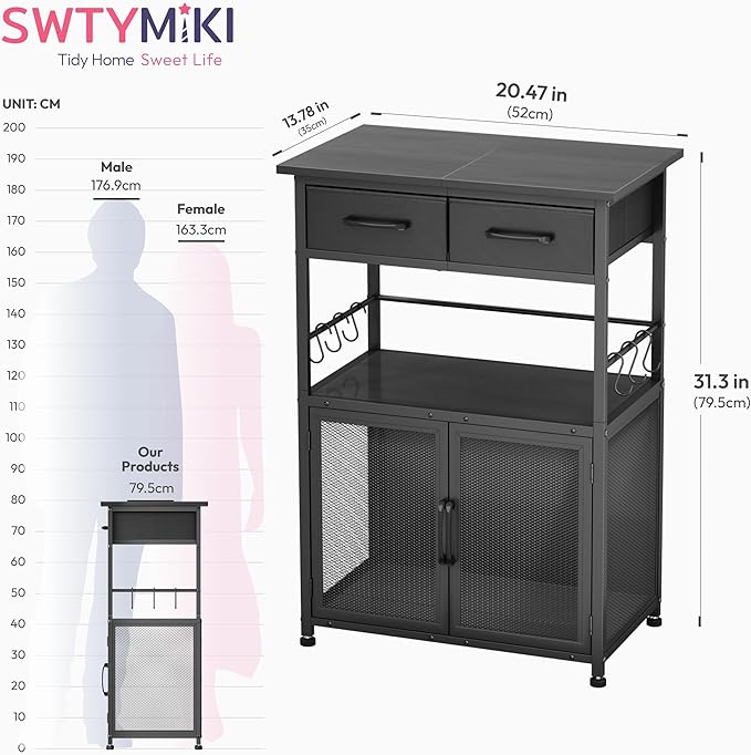 SWTYMIKI Coffee Bar Cabinet with Drawer - 20.47" Coffee Stand Station with Removable Hooks, Buffet Cabinet for Coffee Maker or Microwave, Kitchen Bar Table Storage Organizer, Black