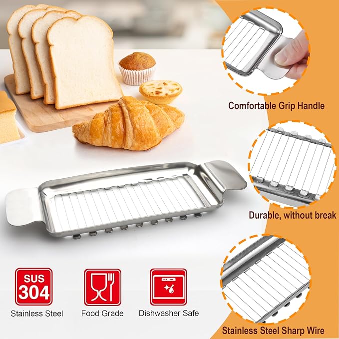 2 Pack Cheese Slicers, AITRAI Stainless Steel Wire Butter Slicer Cutter with Cheese Plane Tool for Soft, Semi-Hard, Hard Cheeses, Butter, Eggs, Fruits丨Dishwasher Safe