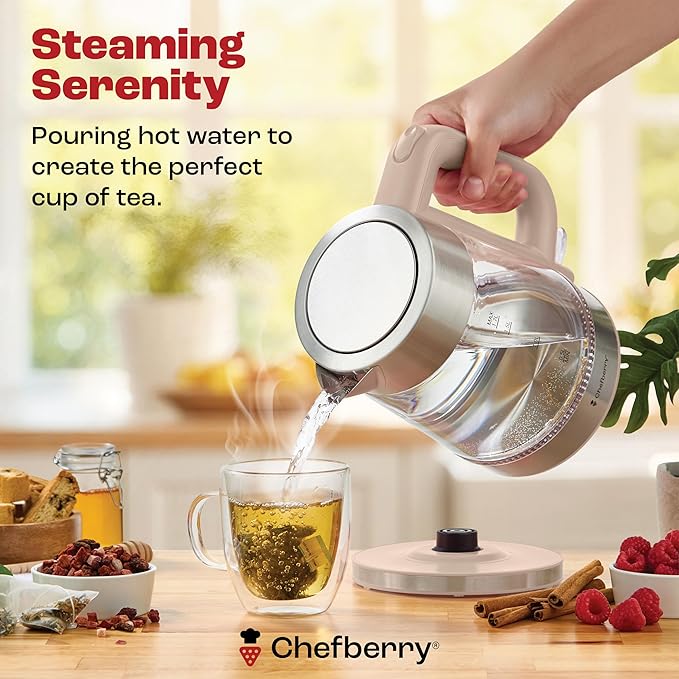 Electric Kettle for Boiling Hot Tea & Water | 1.7L Stainless Steel Borosilicate Glass Boiler With No Plastic, Automatic Shutoff, BPA Free, Fast Heating Technology (Cream)