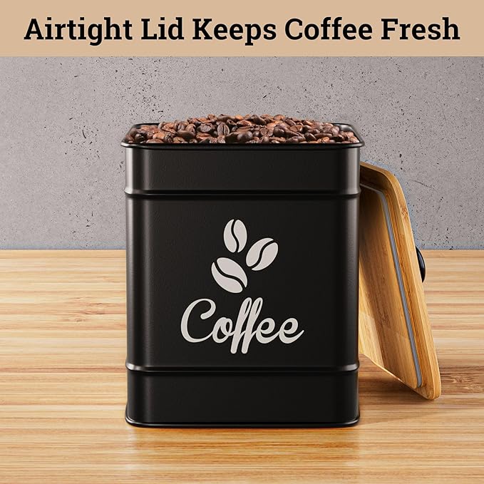 Airtight Coffee Canister - 40 oz Large Iron Black Coffee Container Airtight - 6 x 8 inch Metal Jar - Stylish Countertop Container for Coffee Grounds, Beans, Pods & More with Rubber-Lined Bamboo Lid
