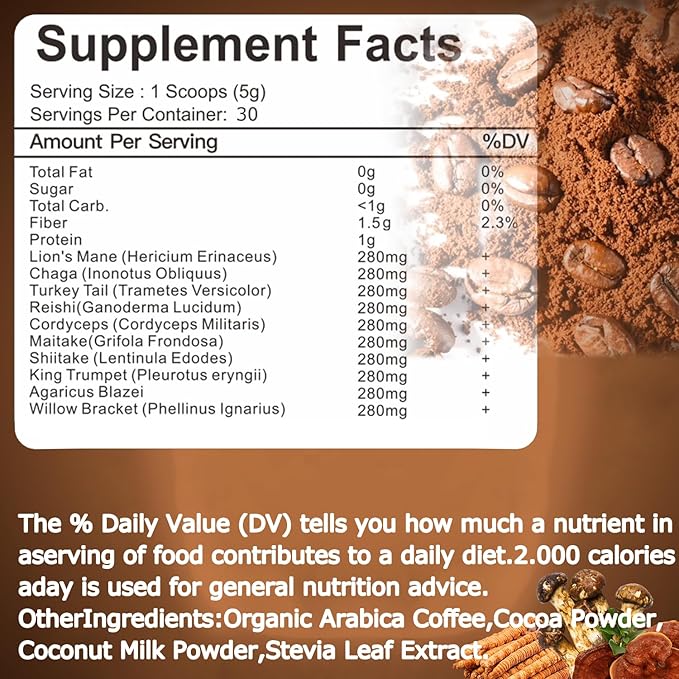 Mushroom Coffee, 10 Mushroom Extract Powder Blend Lion's Mane, Reishi, Chaga, Cordyceps, Turkey Tail, Brain Supplements with Instant Coffee for Energy, Focus, Memory and Immunity 150g