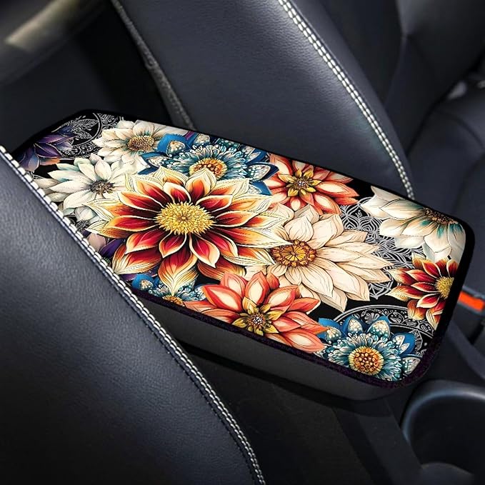 Boho Floral Armrest Cover for Car,Soft Car Center Console Covers,Universal Cars Interior Accessories Decor