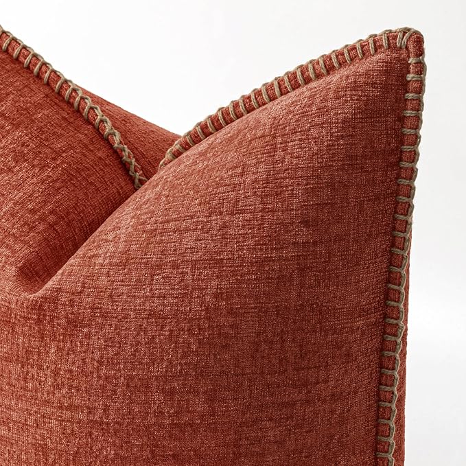 MIULEE Pack of 2 Fall Couch Throw Pillow Covers 18x18 Inch Burnt Orange Farmhouse Decorative Pillow Covers with Stitched Edge Soft Chenille Solid Dyed Pillow Covers for Sofa Bed Living Room