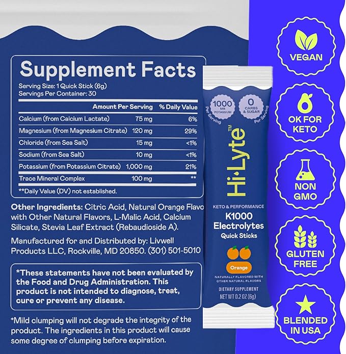 Hi-Lyte K1000 Electrolytes Powder Packets Orange, 30 Servings - 1000mg Potassium + Magnesium, Sodium, Trace Minerals - 0 Carbs, 0 Sugar