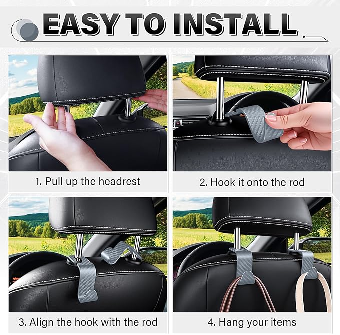 SINGARO Universal 4 Pack Car Seat Headrest Purse Hook, Carbon Fiber Back Seat Hook Storage Organizer Hanger for Purse Handbag Coat, Car Interior Accessories(Gray)