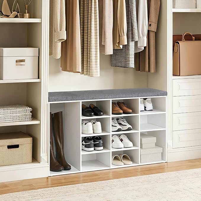 DINZI LVJ Shoe Storage Bench with Cushion, 14-Cubby Shoe Rack, Adjustable Shelves, Multifunctional Shoe Organizer Bench for Entryway, Mudroom, Hallway, Living Room, Bedroom and Garage, White