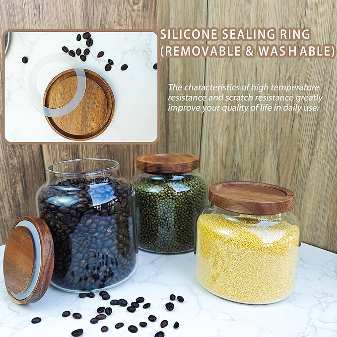 1PC Glass Storage Jars with Airtight Lids, 54 fl oz (1600ml) coffee container with Wooden Lid, Glass Pantry Canister for Beans, Rice, Sugar and etc