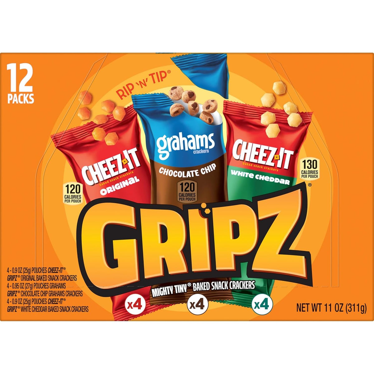 Gripz Mini Baked Snack Crackers, Sweet and Salty Variety Pack, 11oz Box with 12 Pouches, Easy-Open