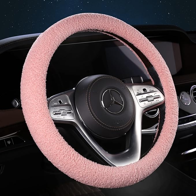 Furry Winter Car Steering Wheel Cover for Women, Soft Fleece Plush Warm Universal Auto Accessories for Jeep, Truck, Van, F150, Fuzzy, Anti Slip, Pink, Large Size, 15.2-16in