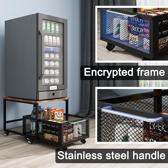 PUNCIA 19.7x23.6in Mini Fridge Stand with Large Capicity Storage Sturdy Refrigerator Table with Lockable Wheels Rolling Fridge Cart Heavy Duty Appliance Platform for Dorm, Apartment,Office, Bedroom