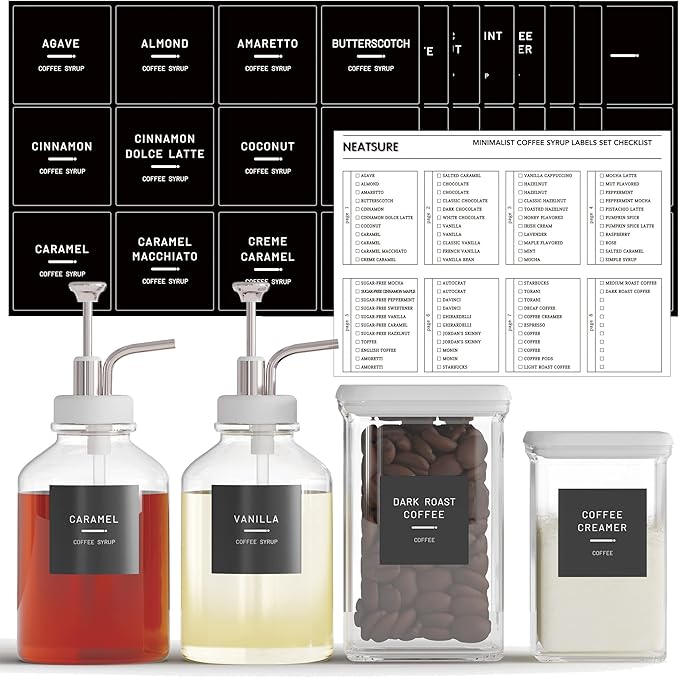 89 Coffee Syrup Labels for Coffee Bar Accessories, Minimalist Preprinted Coffee Stickers for Coffee Station, Essentials for Syrup Bottle & Dispenser Organization