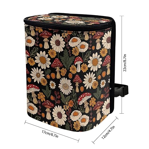 Aesthetic Mushroom Car Trash Can Bin Hanging Car Garbage Bag with Lid Daisy Trash Bin Auto Interior Accessories Universal Fit SUV Van Truck Sedan