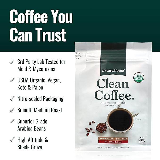 Natural Force - Organic Clean Coffee Classic, Mold & Mycotoxin Free, Lab Tested for Toxins & Purity, Low Acidity, Incredible Taste & Aroma, Whole Bean Medium Roast, 12 oz