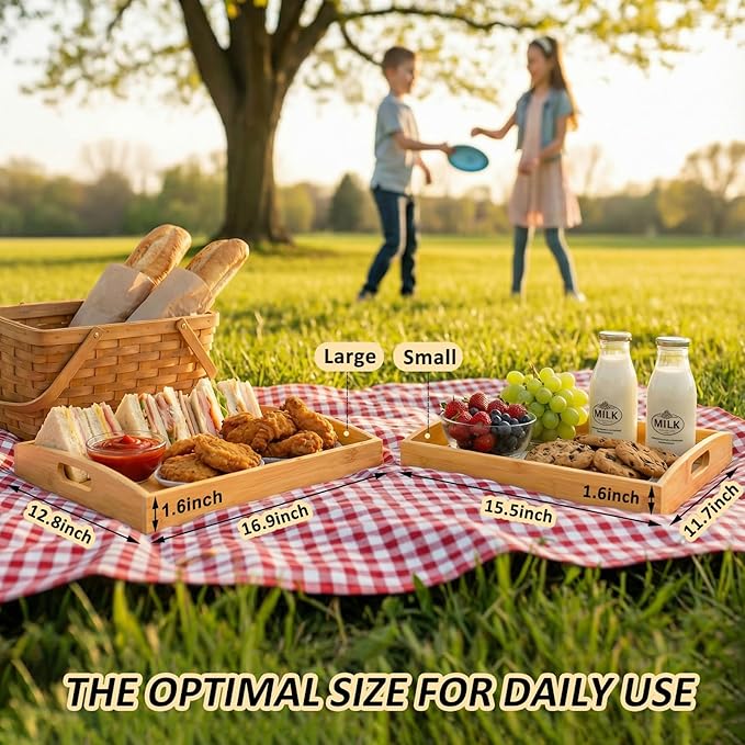 Bamboo Serving Tray with Handles, Set of 2 Large Wood ServingTrays for Food & Coffee, Elegant Wooden Tray for Breakfast in Bed, Kitchen & Party