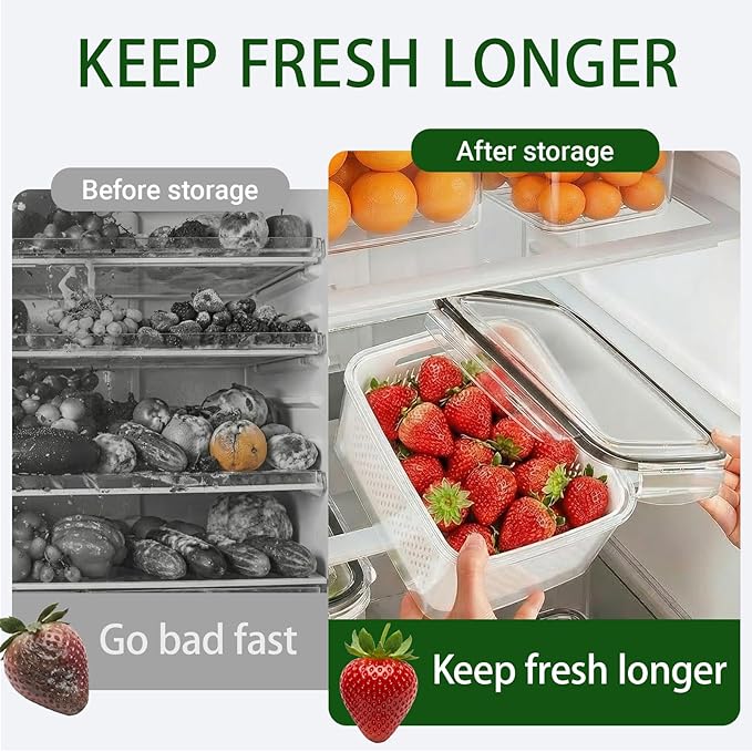 4 Pack Fruit Storage Containers for Fridge with Removable Colanders，4 in 1 Produce Storage Containers with Lids, Leakproof Fridge Organizer Bins for Salad Berry Lettuce Vegetables Meat Keeper Fresh