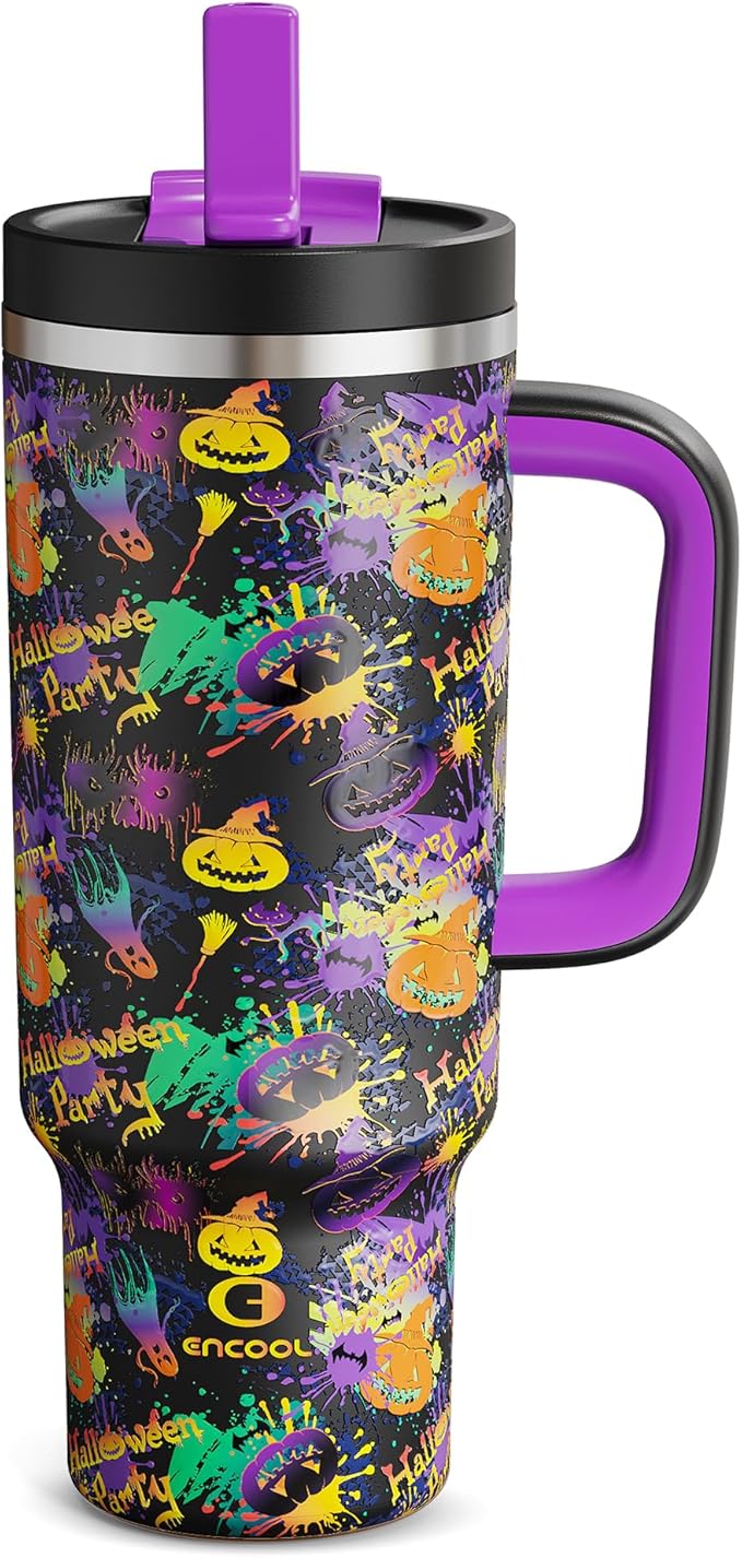 ENCOOL 40 oz Tumbler with Handle and Straw: Stainless Steel Insulated Tumbler Keeps Cold for 24 Hours, Leakproof Travel Cup Fits in Cup Holder and BPA-Free, Ghost Party